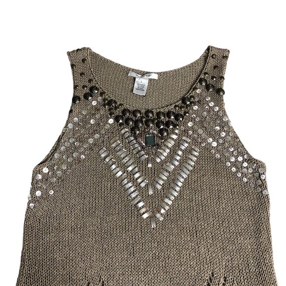Vertigo Paris Top Womens L Tan Open Knit Embellished Tunic Tank Boho Festival - Picture 3 of 16
